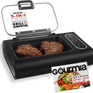 Gourmia Smokeless Indoor Grill & Air Fryer with Recipe Book – Electric Grill for Indoor Use, 5‑in‑1 Countertop Cooker, Cast-Iron Grate, 1650W, Glass Lid, Dishwasher-Safe Plates Visit the Gourmia Store 5.0 5.0 out of 5 stars    33 ratings Amazon's Choice 300+ bought in past month With Prime $99.98 with 23 percent savings-23% $99.98
