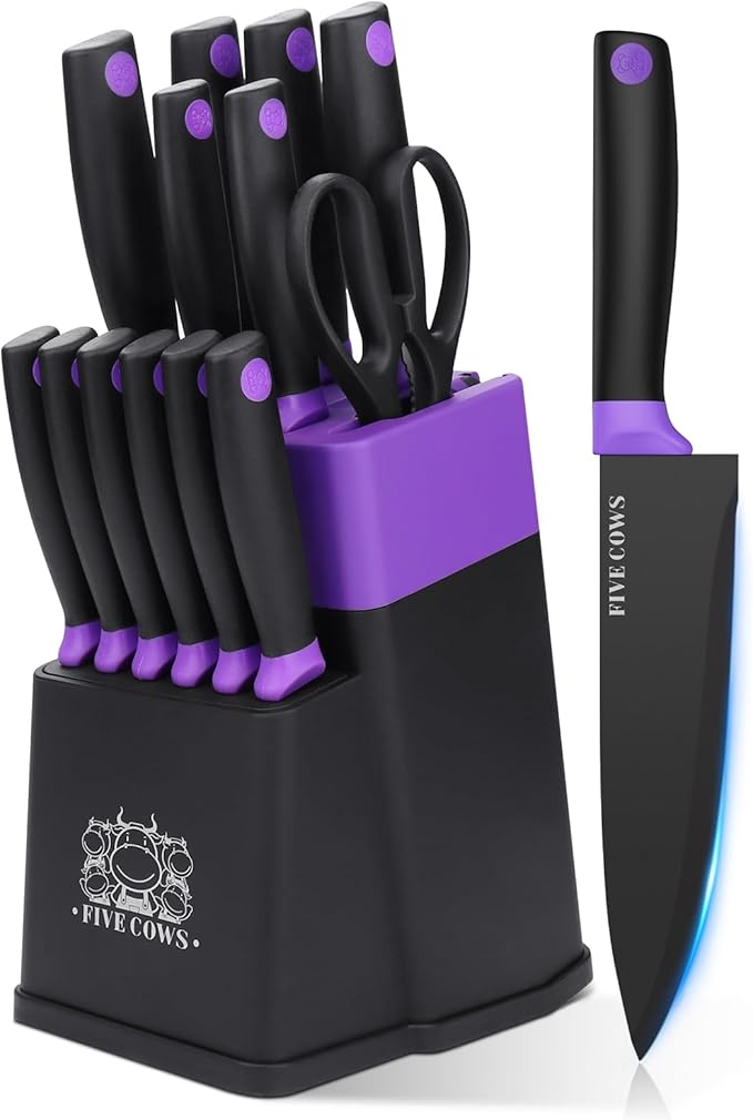 14 Pcs Kitchen Knife Block Set with Sharpener German High Carbon Stainless Steel Chef Knives, Razor-Sharp & Durable, Lightweight Anti-Slip Handle, Professional Set for Home & Kitchen (Purple) Brand: FIVE COWS 4.6 4.6 out of 5 stars 17 ratings New Arrival Pick $35.99$35.99